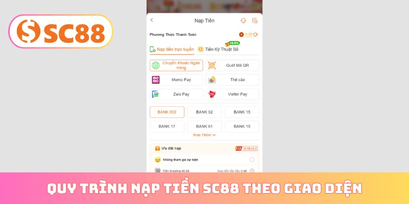Quy trình nạp tiền SC88 theo giao diện
